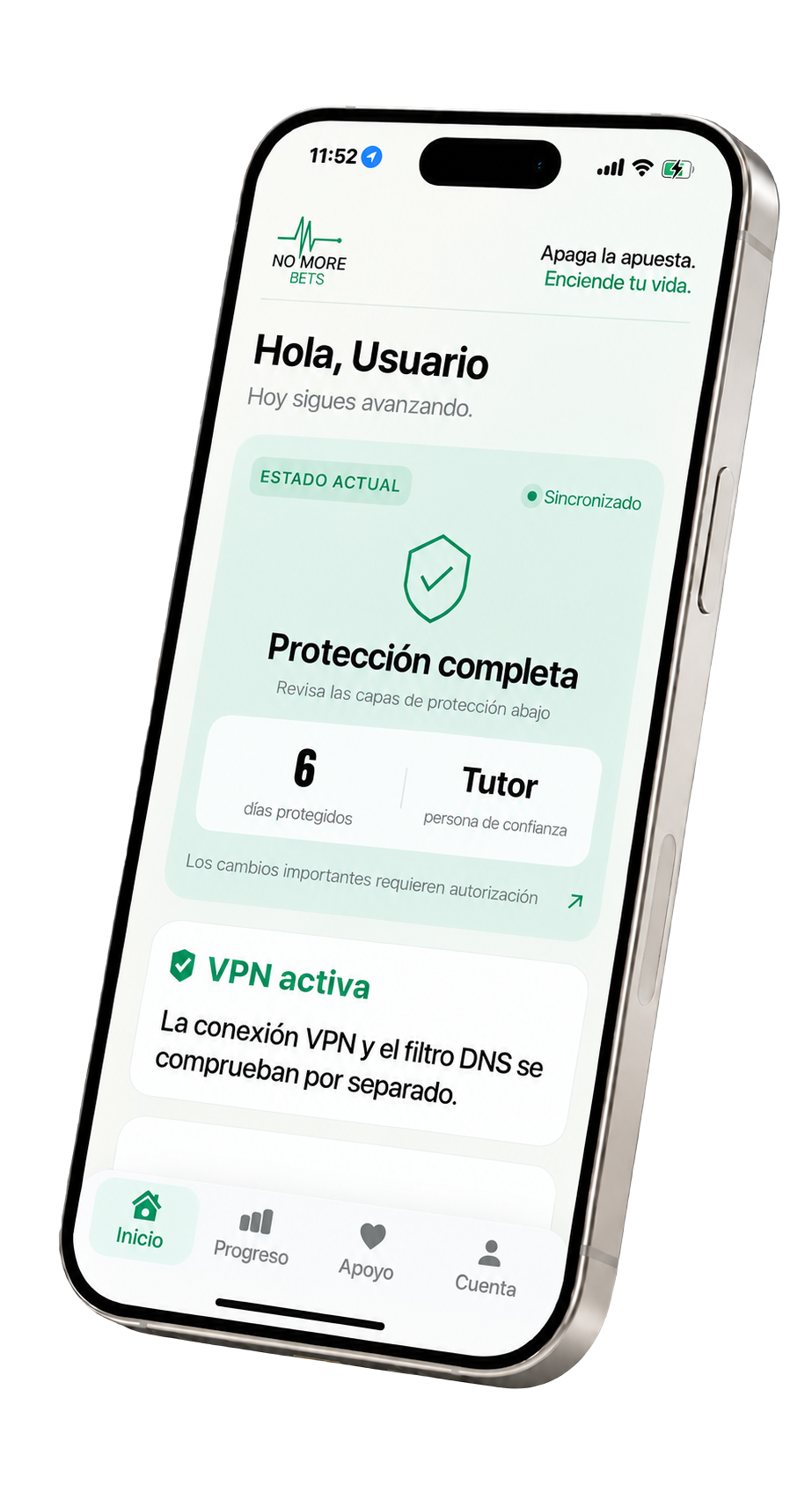 Aplicación No More Bets mostrando protección completa y tutor